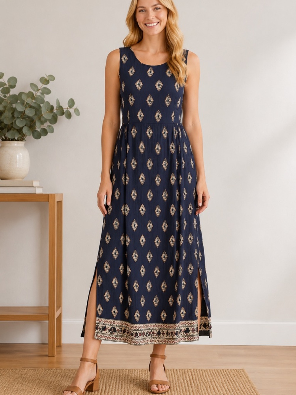 Fat Face Washed Black Boho Midi Dress Smocked Side Panels Slit Hem